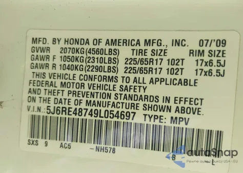 2009 Honda Cr-V Ex-L z USA, uszkodzony, nr VIN 5J6RE48749L054697